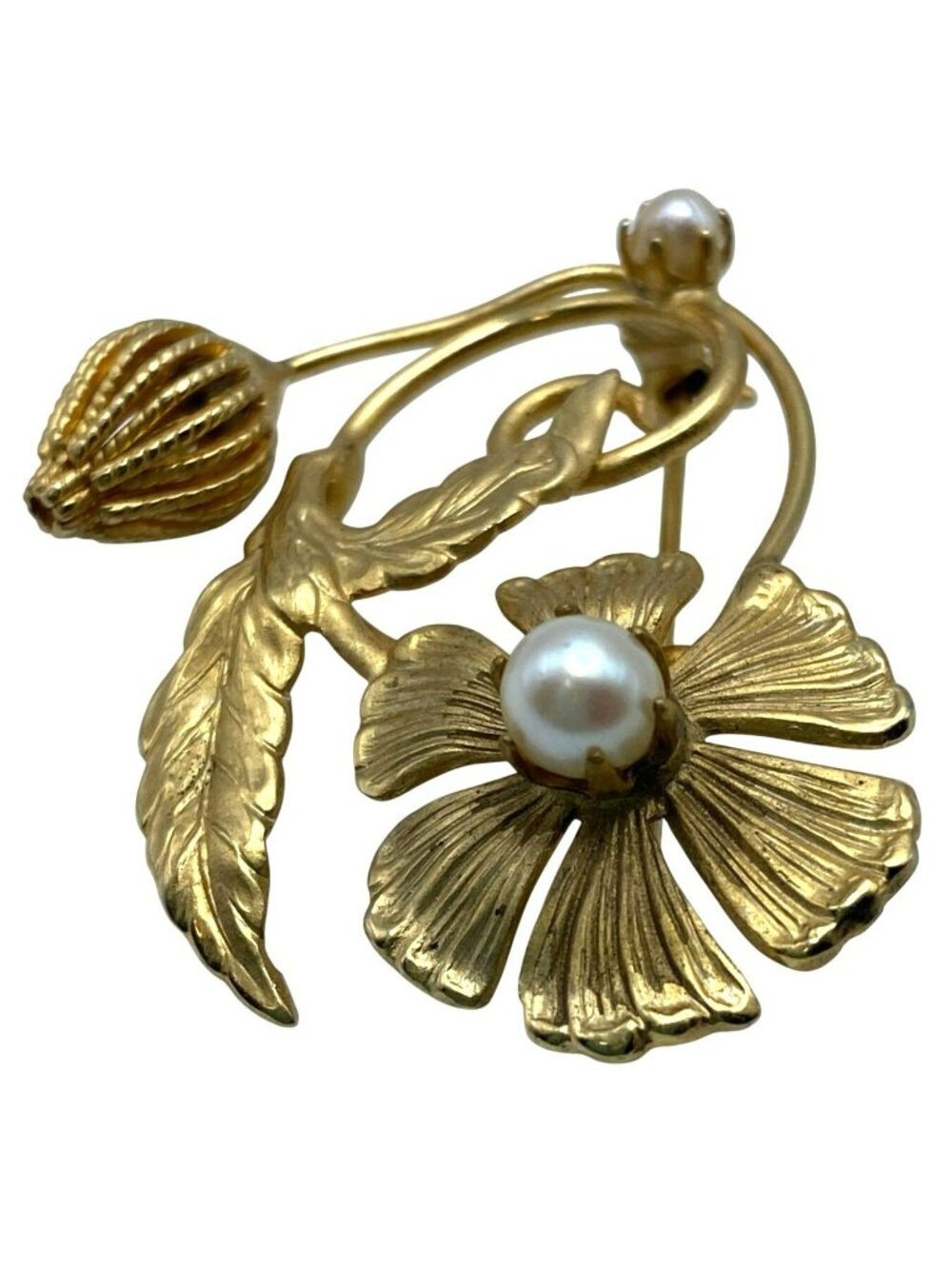 Flower Floral Brooch Faux Pearl Accents Mid Century Modern MCM Gold Tone Brass - Picture 3 of 8